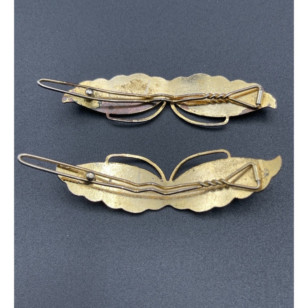 Vintage Enamel Butterfly Barrettes Pair Gold Tone Hair Clips Cloisonne Style - Picture 2 of 4